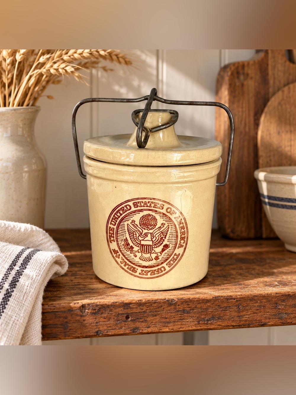 Vintage Great Seal Stoneware Cheese Crock with Lid and Wire Bail